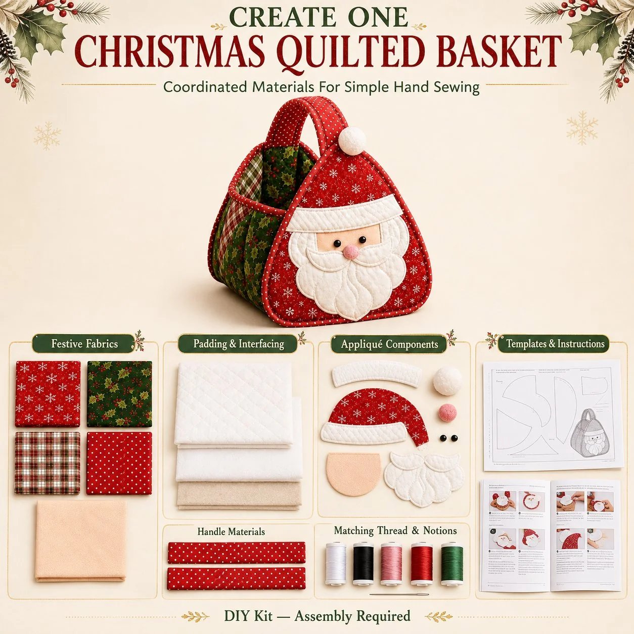 ⏳ 49% OFF – 🎄 Christmas Character Quilted Carry Basket | Padded Patchwork Fabrics, Layered Appliqué & Soft Carry Handle in DIY Kit or Ready-Made Styles 🎁✨