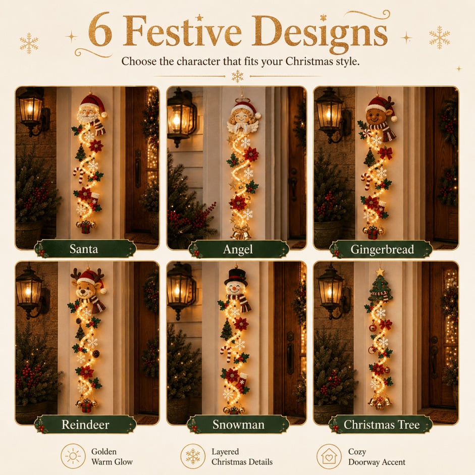 ⏳ Last Day 49% OFF – 🎄Glowing Christmas Door Hanger | 6 Festive Lighted Designs with Warm Glow, Dimensional Details & Space-Saving Vertical Décor ✨