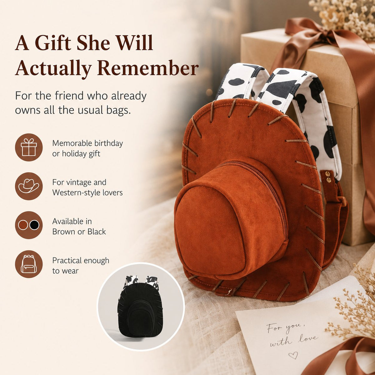 Western Hat-Shaped Velvet Backpack with Adjustable Straps and Zipper