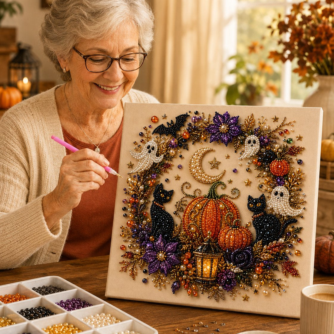 💥 Last Day 49% OFF – 👻✨ Halloween Pearl Art DIY Kit – Turn Tiny Pearls into Spooky-Cute Magic