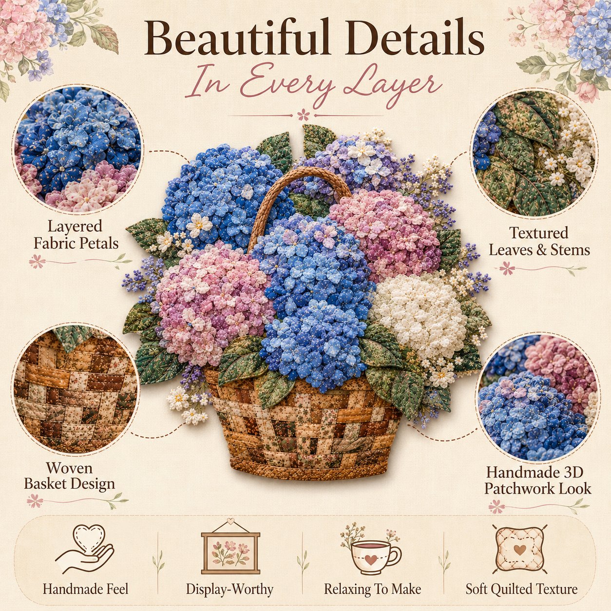🔥HOTSALE5O%OFF- 🌸Floral Basket Patchwork DIY Kit| 3D Layered Fabric Flower Art Craft for Home Decor & Gifts