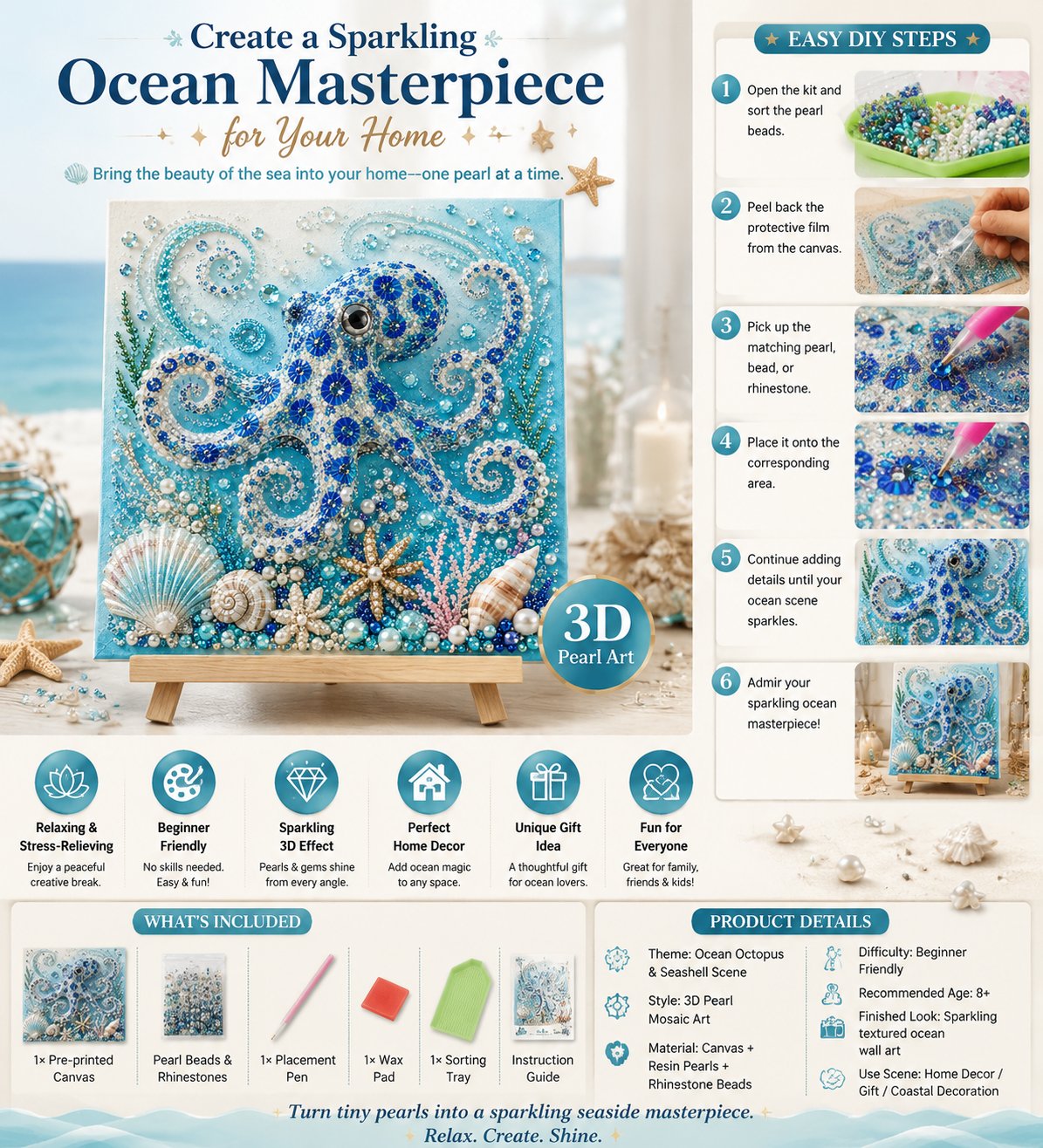 Ocean Theme Pearl Art DIY Kit I 3D Sparkling Coastal Wall Decor