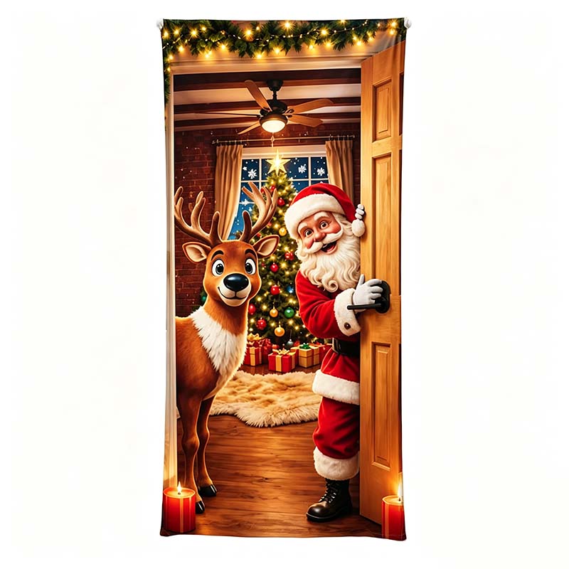 Christmas Door Cover - Stretch Fit Santa & Reindeer Door Decoration with 4-Side Elastic Edges 🎅