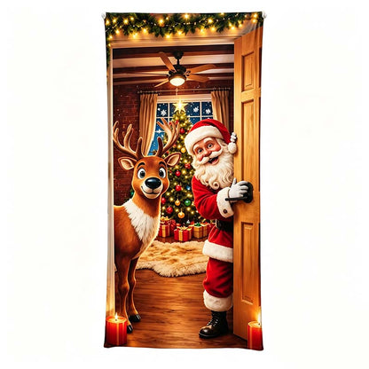 Christmas Door Cover - Stretch Fit Santa & Reindeer Door Decoration with 4-Side Elastic Edges 🎅
