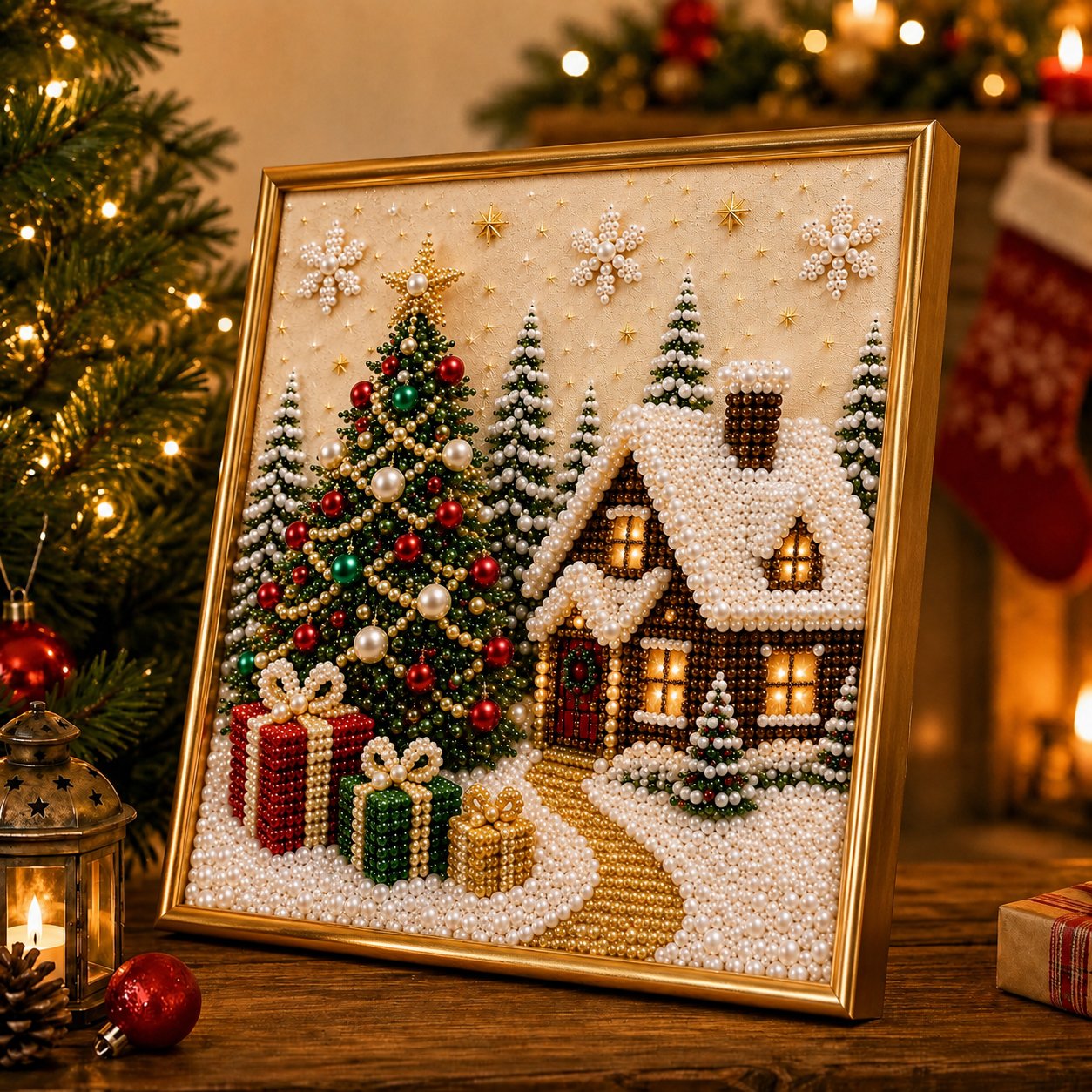 🎄🎅Premium 3D Pearl Christmas Wall Art Kit I Luxury Flocked Canvas with Scratch -Resistant Non-Fading Pearl Beads DIY Holiday Decor⛄❄️