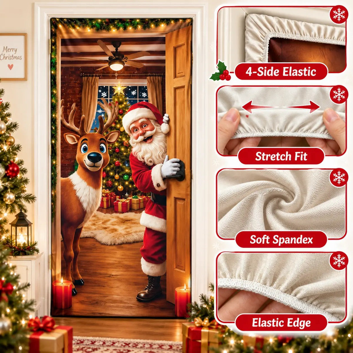 Christmas Door Cover - Stretch Fit Santa & Reindeer Door Decoration with 4-Side Elastic Edges 🎅
