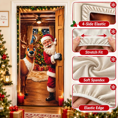 Christmas Door Cover - Stretch Fit Santa & Reindeer Door Decoration with 4-Side Elastic Edges 🎅