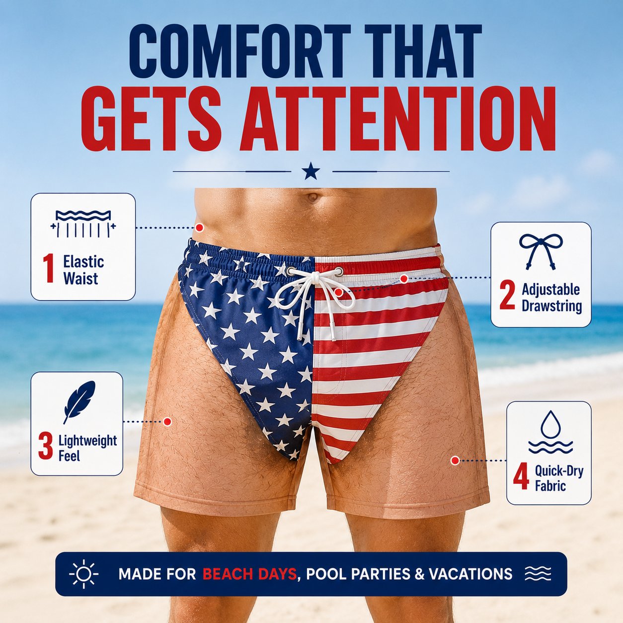 Funny Patriotic Men'sSwim Trunks - Freedom& Chill Summer Beach Shorts