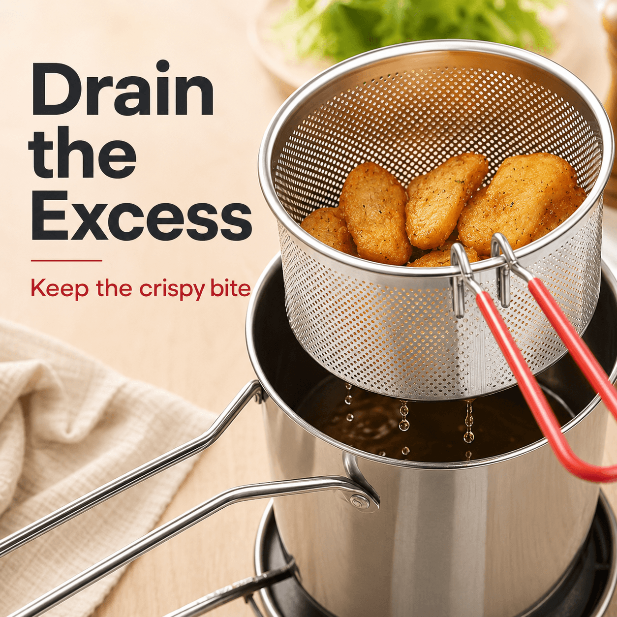 🍟 Personal Mini Deep Fryer Set – Stainless Steel Pot with Lift-Out Draining Basket & Food Tongs