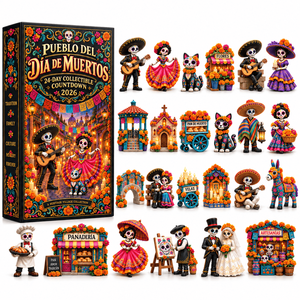 Pueblo del Día de Muertos 2026- 24-Day Day of the Dead Collectible Countdown Calendar with 24 Unique Miniatures