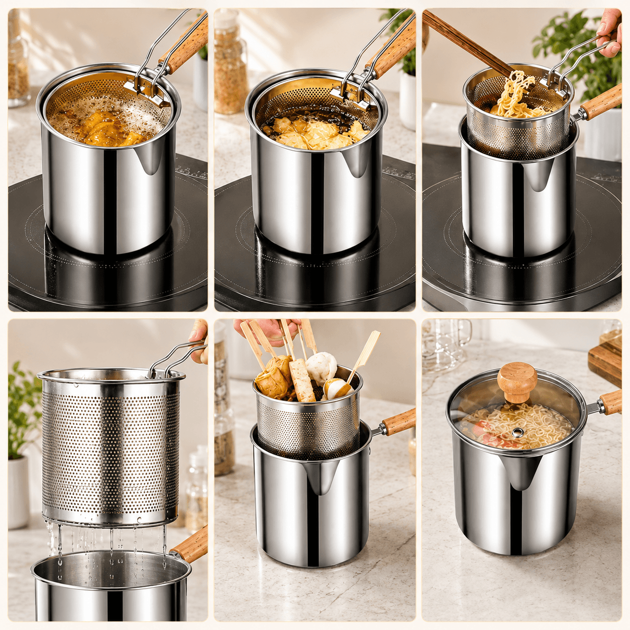 🍟 Personal Mini Deep Fryer Set – Stainless Steel Pot with Lift-Out Draining Basket & Food Tongs