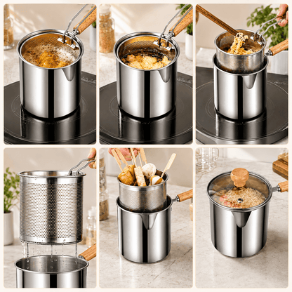🍟 Personal Mini Deep Fryer Set – Stainless Steel Pot with Lift-Out Draining Basket & Food Tongs
