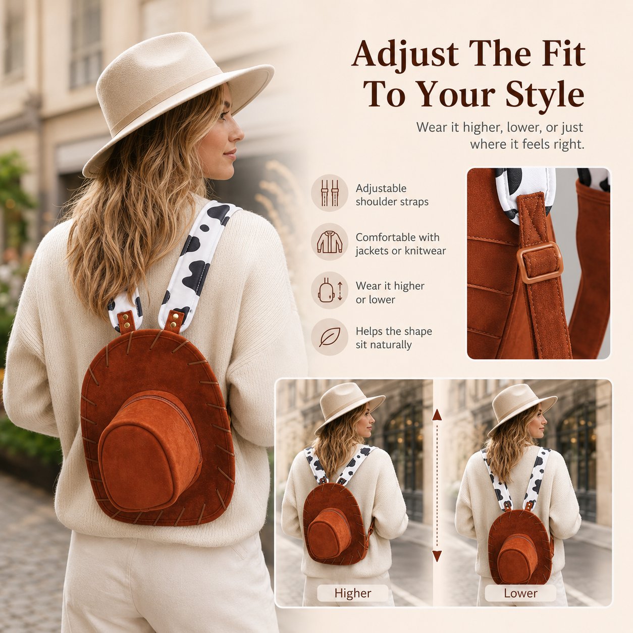 Western Hat-Shaped Velvet Backpack with Adjustable Straps and Zipper
