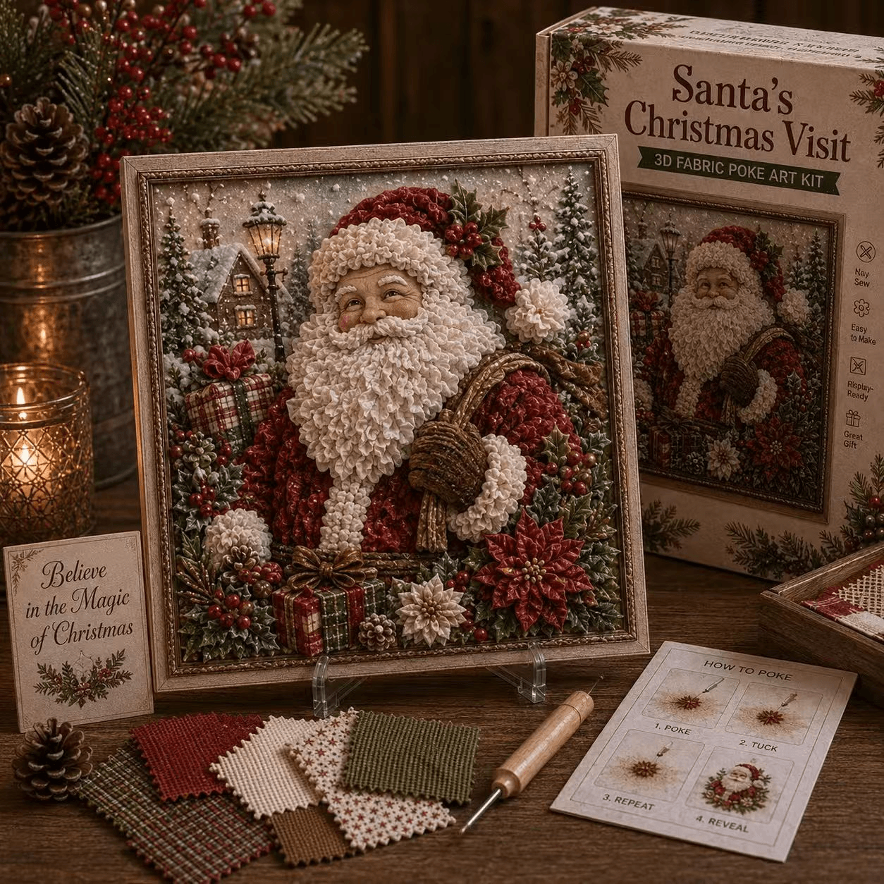🔥 LAST DAY 49% OFF – 🎄🧵 Premium 3D Christmas Fabric Poke Art Kit | No-Sew Holiday Craft with Pre-Punched Board, Fabric Squares & Display Stand 🎅✨