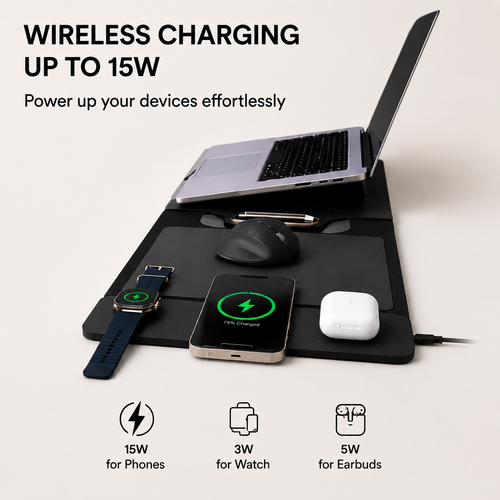 THE ALL-IN-ONE MOBILE WORKSTATION SLEEVE|BUILT- IN 15W MULTI-DEVICE WIRELESS CHARGER, ERGONOMIC LAPTOP STAND & MOUSEPAD (FITS UP TO 16")