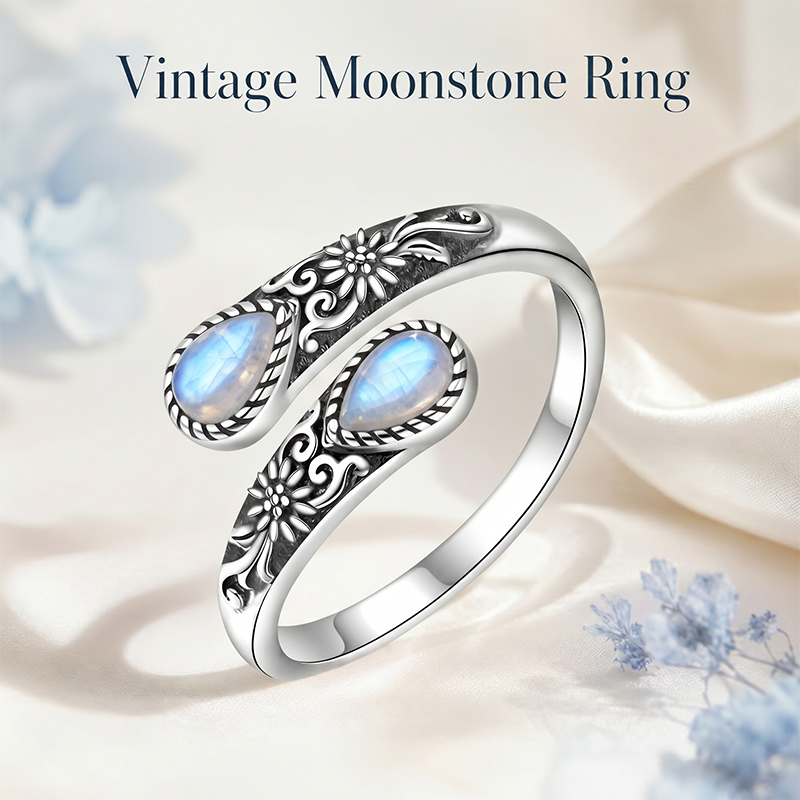 🔥Last Day 50% OFF🌙 Moonstone Bloom Ring I Vintage Style ·  Adjustable Fit ·  Timeless Elegance