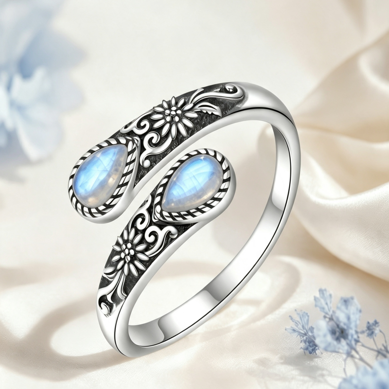🔥Last Day 50% OFF🌙 Moonstone Bloom Ring I Vintage Style ·  Adjustable Fit ·  Timeless Elegance