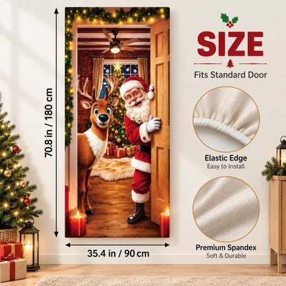 Christmas Door Cover - Stretch Fit Santa & Reindeer Door Decoration with 4-Side Elastic Edges 🎅