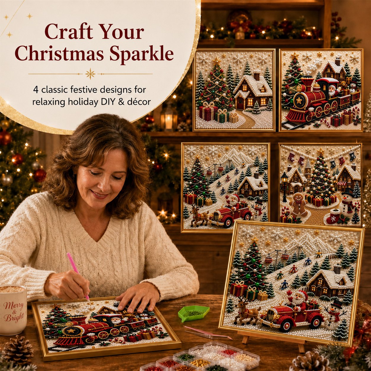 🎄🎅Premium 3D Pearl Christmas Wall Art Kit I Luxury Flocked Canvas with Scratch -Resistant Non-Fading Pearl Beads DIY Holiday Decor⛄❄️