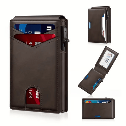 Slim Wallet for Men with Pop-Up Aluminum Case, RFID Blocking Minimalist Leather Bifold Card Holder