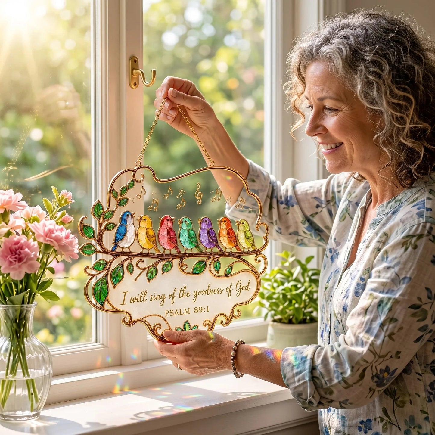 🎵 Psalm 89:1 Songbird Window Suncatcher | Stained-Glass Style Faith Decor with Colorful Birds & Scripture 🕊️✨