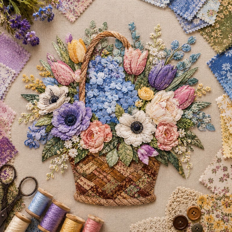 🔥HOTSALE5O%OFF- 🌸Floral Basket Patchwork DIY Kit| 3D Layered Fabric Flower Art Craft for Home Decor & Gifts