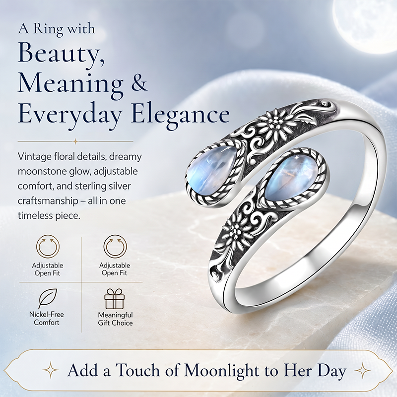 🔥Last Day 50% OFF🌙 Moonstone Bloom Ring I Vintage Style ·  Adjustable Fit ·  Timeless Elegance