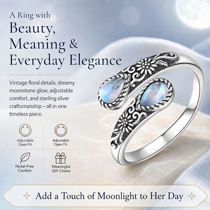 🔥Last Day 50% OFF🌙 Moonstone Bloom Ring I Vintage Style ·  Adjustable Fit ·  Timeless Elegance