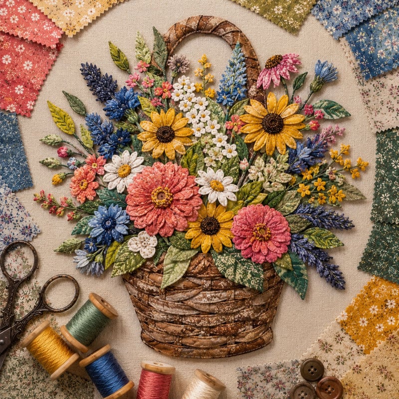 🔥HOTSALE5O%OFF- 🌸Floral Basket Patchwork DIY Kit| 3D Layered Fabric Flower Art Craft for Home Decor & Gifts
