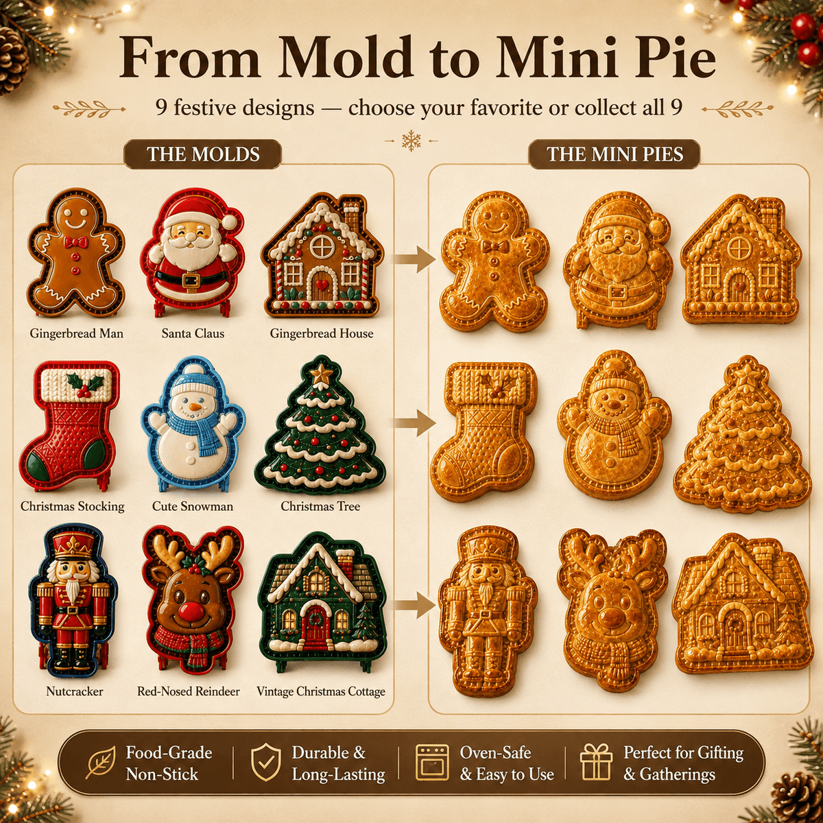 ⏳ Last Day 49% OFF – 🎄 9-Design Christmas Mini Pie Mold Collection🥧✨
