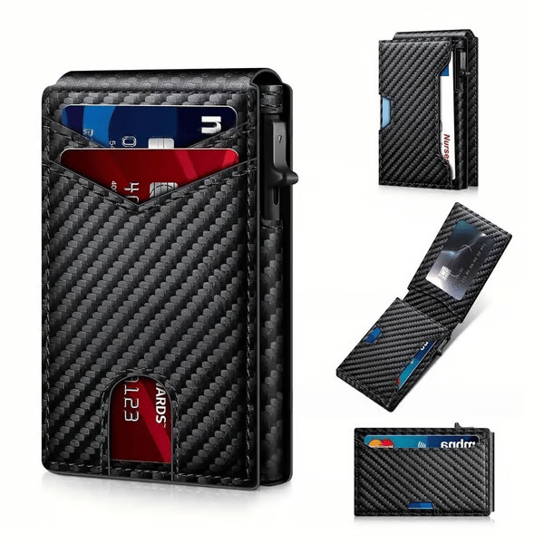 Slim Wallet for Men with Pop-Up Aluminum Case, RFID Blocking Minimalist Leather Bifold Card Holder