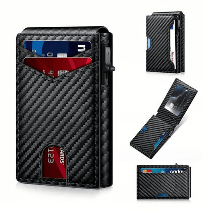 Slim Wallet for Men with Pop-Up Aluminum Case, RFID Blocking Minimalist Leather Bifold Card Holder