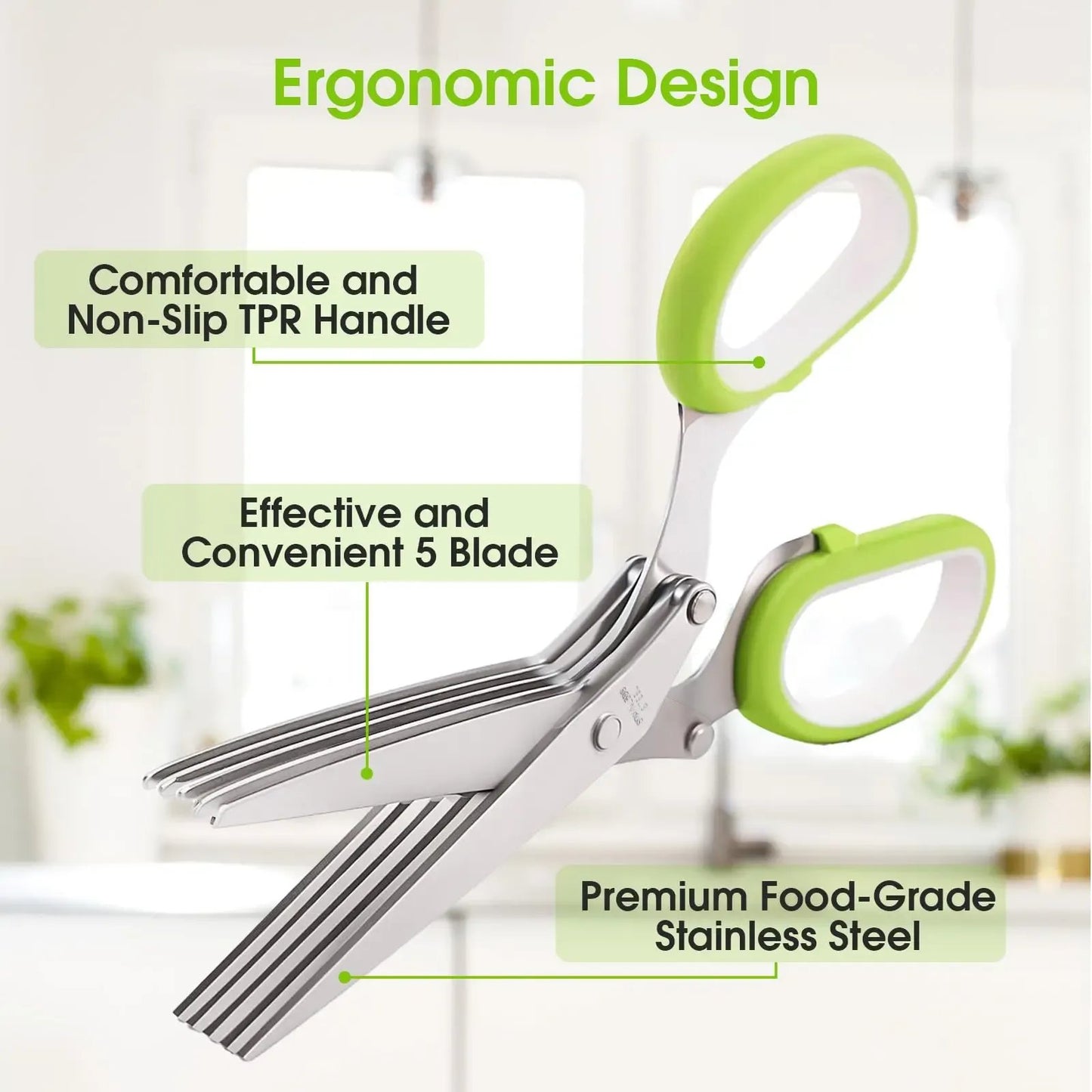 ✂️Herb Scissors 5 Blade Kitchen Shears, Multipurpose Herb Cutter with Safety Cover Cleaning Comb for Basil Chive Parsley