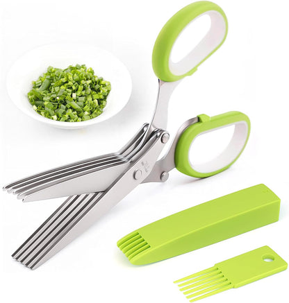 ✂️Herb Scissors 5 Blade Kitchen Shears, Multipurpose Herb Cutter with Safety Cover Cleaning Comb for Basil Chive Parsley