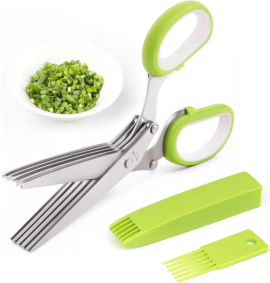 ✂️Herb Scissors 5 Blade Kitchen Shears, Multipurpose Herb Cutter with Safety Cover Cleaning Comb for Basil Chive Parsley