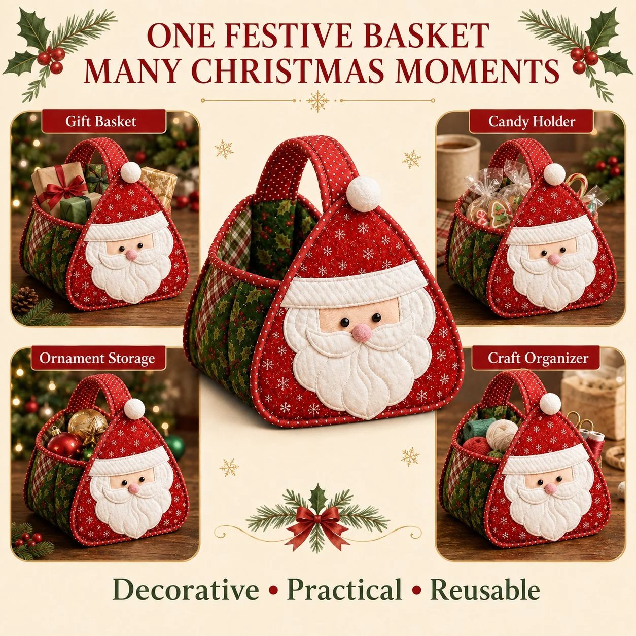 ⏳ 49% OFF – 🎄 Christmas Character Quilted Carry Basket | Padded Patchwork Fabrics, Layered Appliqué & Soft Carry Handle in DIY Kit or Ready-Made Styles 🎁✨