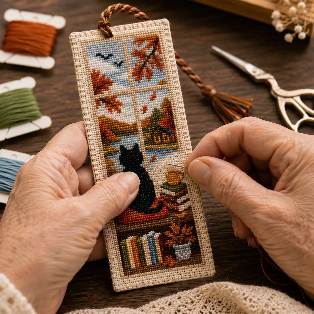 🐈📚Seasonal Cat Cross Stitch Bookmark – Cozy Reading Companion
