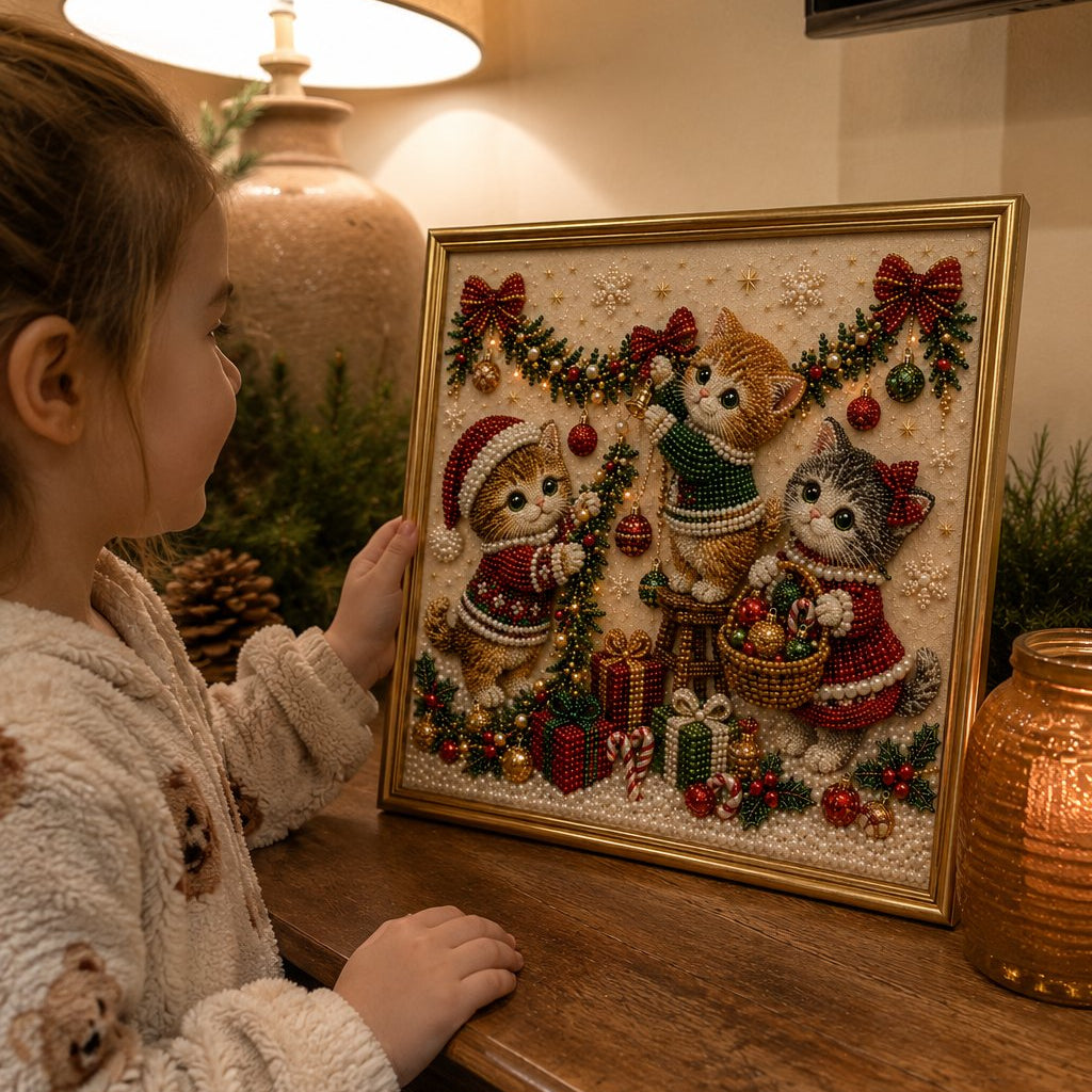 🎄🐾LAST DAY 49% OFF - Premium 3D Pearl Christmas Kitty Art Kit I Luxury Flocked Canvas with Scratch-Resistant Non-Fading Pearl Beads DIY Holiday Decor🎅🐱❄️