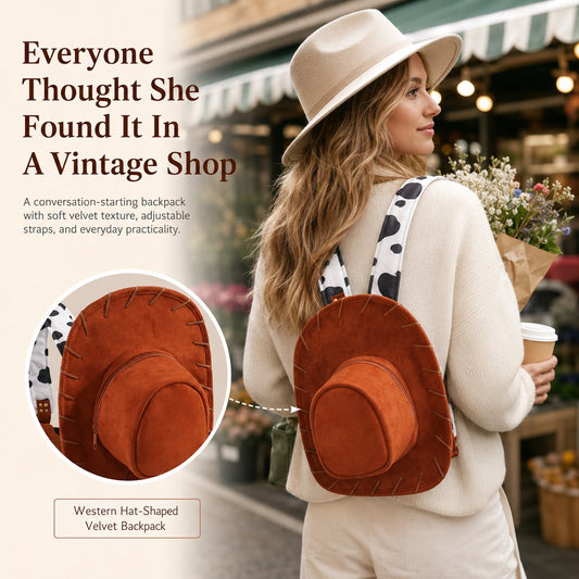 Western Hat-Shaped Velvet Backpack with Adjustable Straps and Zipper