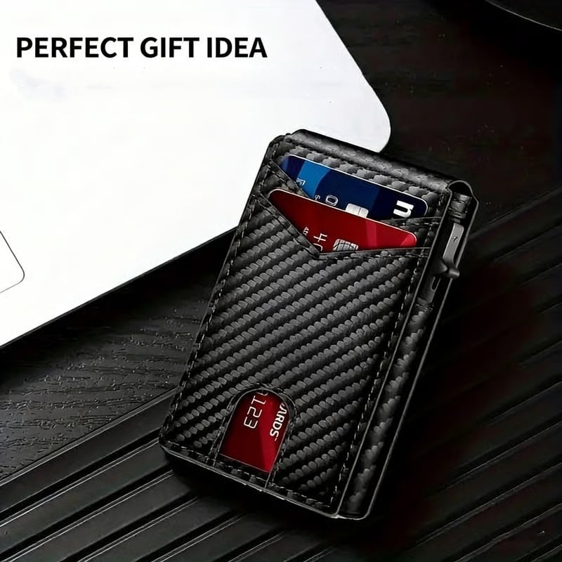 Slim Wallet for Men with Pop-Up Aluminum Case, RFID Blocking Minimalist Leather Bifold Card Holder
