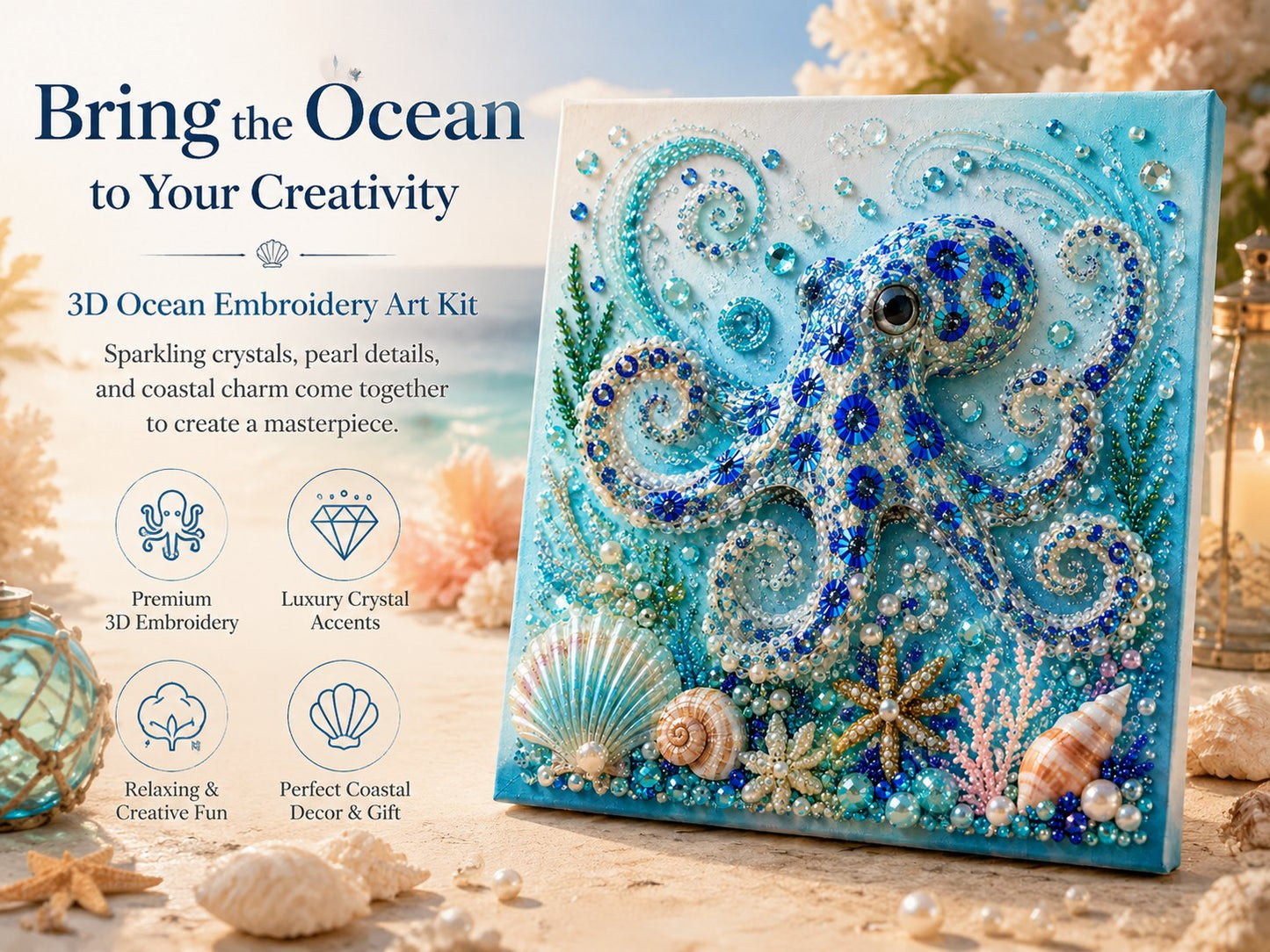 Ocean Theme Pearl Art DIY Kit I 3D Sparkling Coastal Wall Decor