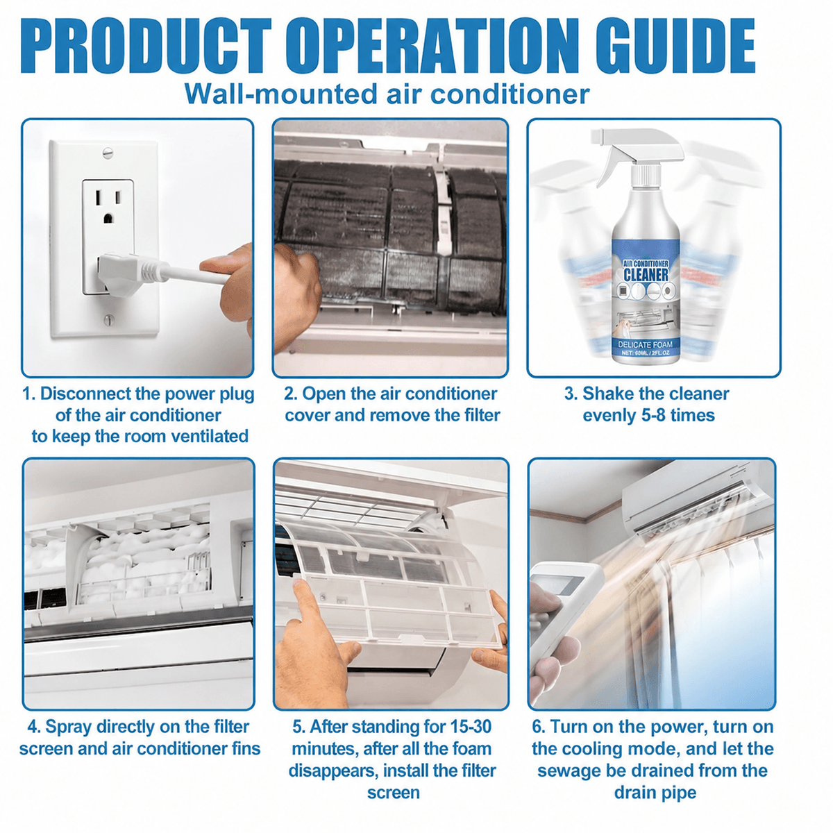 Air Conditioner Cleaner Foam Spray, 60ml AC Coil, Radiator, Fan Blade & Vent Deep Cleaning Deodorizer