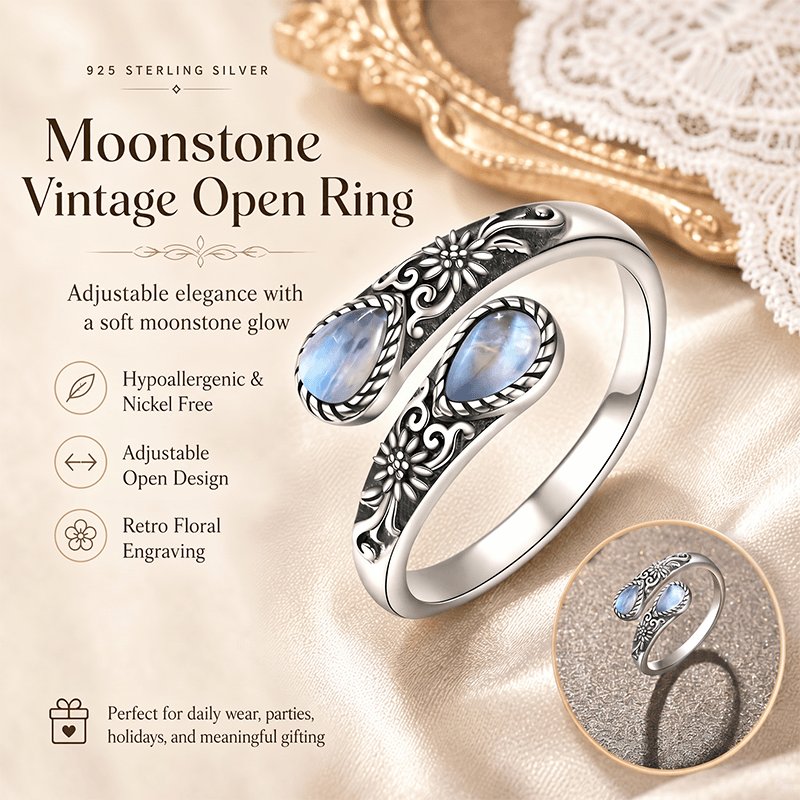 🔥Last Day 50% OFF🌙 Moonstone Bloom Ring I Vintage Style ·  Adjustable Fit ·  Timeless Elegance