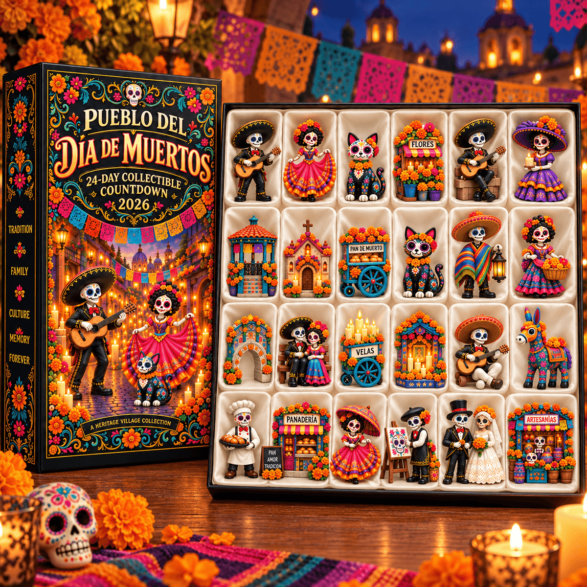 Pueblo del Día de Muertos 2026- 24-Day Day of the Dead Collectible Countdown Calendar with 24 Unique Miniatures