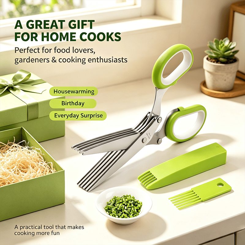 ✂️Herb Scissors 5 Blade Kitchen Shears, Multipurpose Herb Cutter with Safety Cover Cleaning Comb for Basil Chive Parsley
