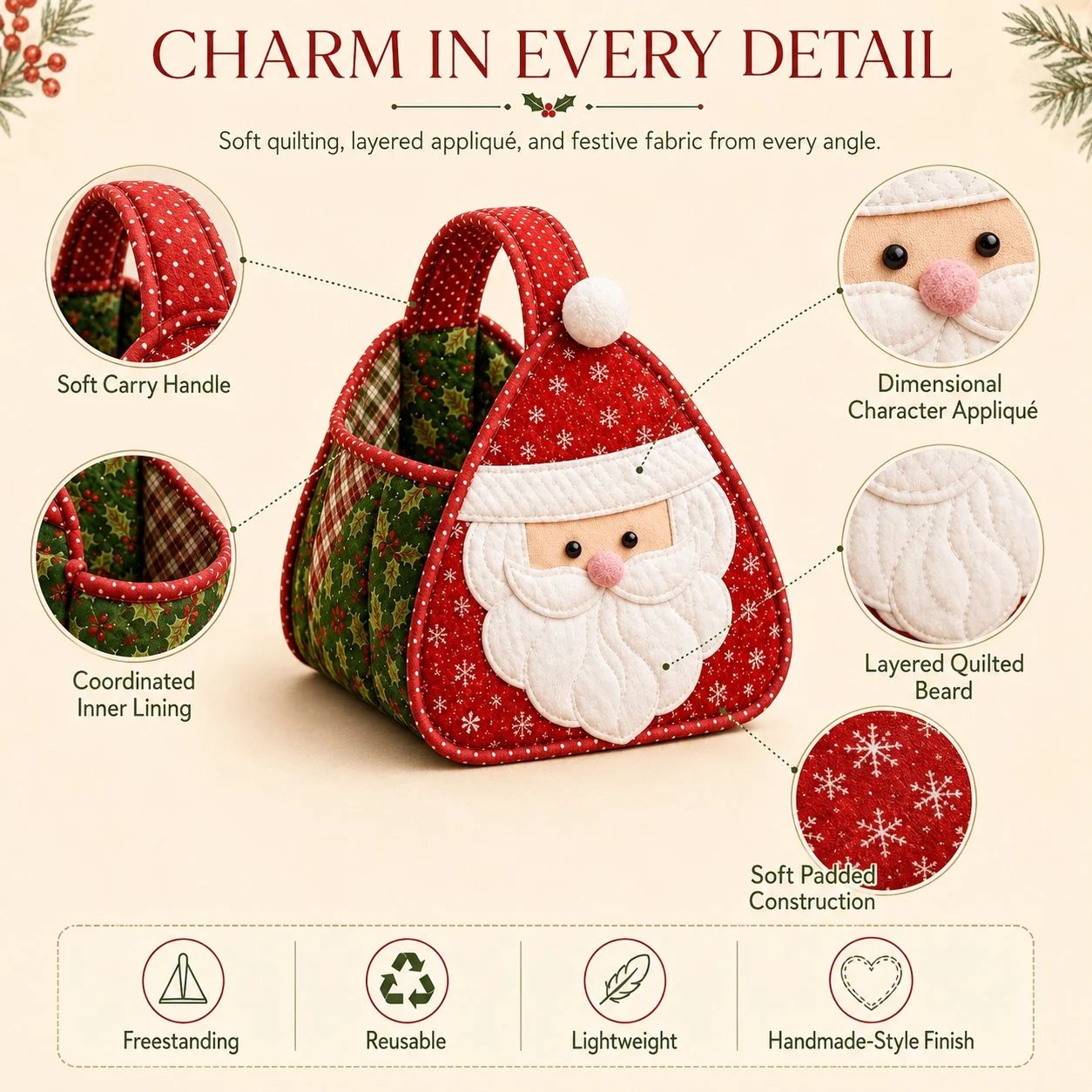⏳ 49% OFF – 🎄 Christmas Character Quilted Carry Basket | Padded Patchwork Fabrics, Layered Appliqué & Soft Carry Handle in DIY Kit or Ready-Made Styles 🎁✨