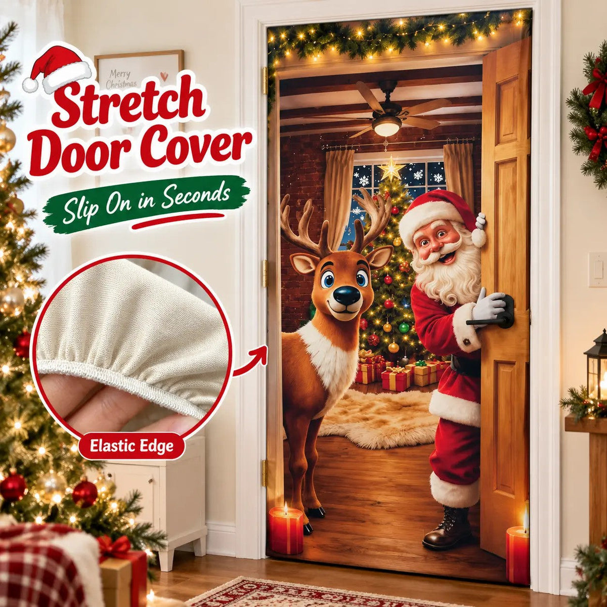 Christmas Door Cover - Stretch Fit Santa & Reindeer Door Decoration with 4-Side Elastic Edges 🎅