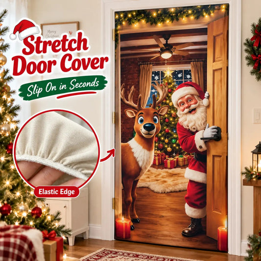 Christmas Door Cover - Stretch Fit Santa & Reindeer Door Decoration with 4-Side Elastic Edges 🎅