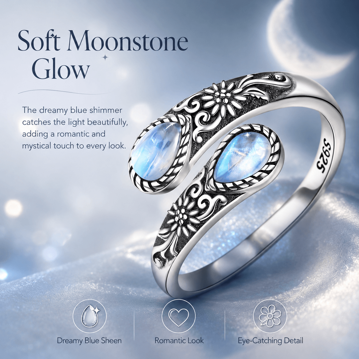 🔥Last Day 50% OFF🌙 Moonstone Bloom Ring I Vintage Style ·  Adjustable Fit ·  Timeless Elegance
