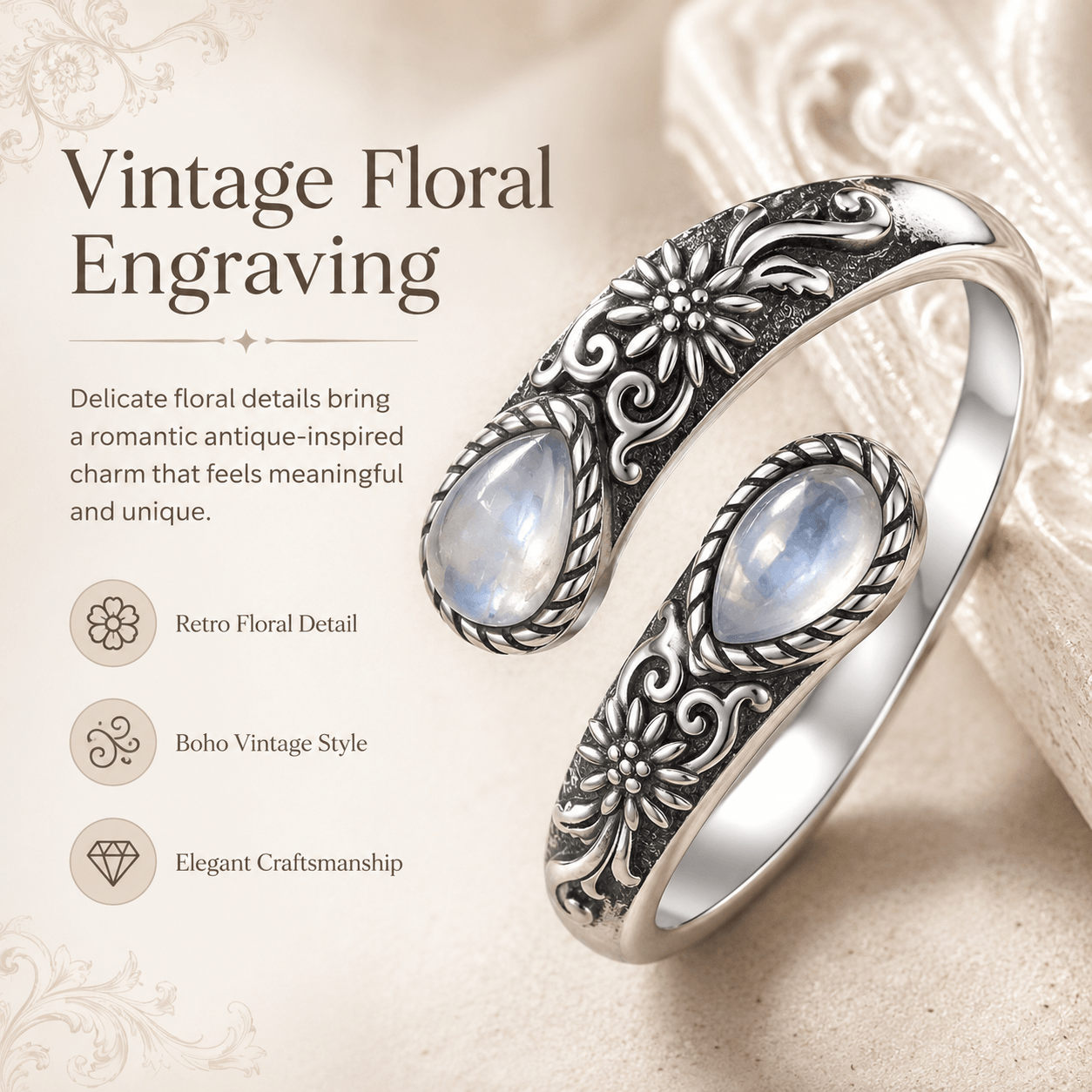 🔥Last Day 50% OFF🌙 Moonstone Bloom Ring I Vintage Style ·  Adjustable Fit ·  Timeless Elegance